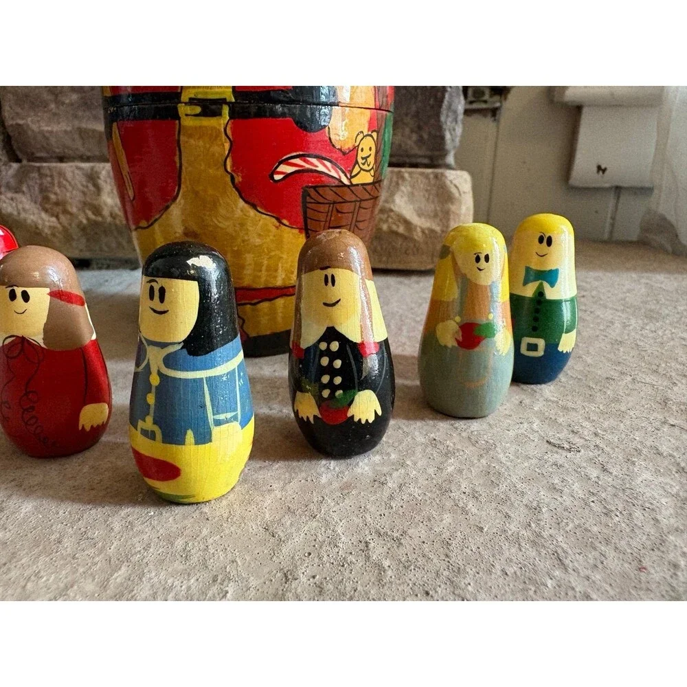 Vintage Russian Wooden Folk Art Hand Painted Nesting Santa with Children